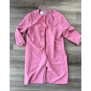 LT LanTing Pink Long Jacket Duster Size L Lined Wedding Ruffle Open